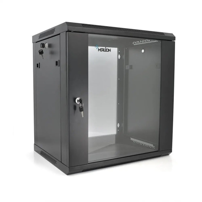 Шафа Merlion 12U, 600*450*634 (Ш*Г*В) мм загартоване скло, чорна, сталь 1,2мм з замком (в розібраному вигляді!!!)