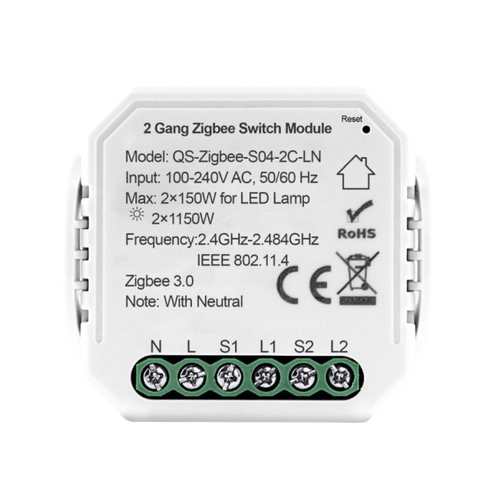2 канальний вимикач AKUBELA ZigBee QS-Zigbee-S04-2C-LN