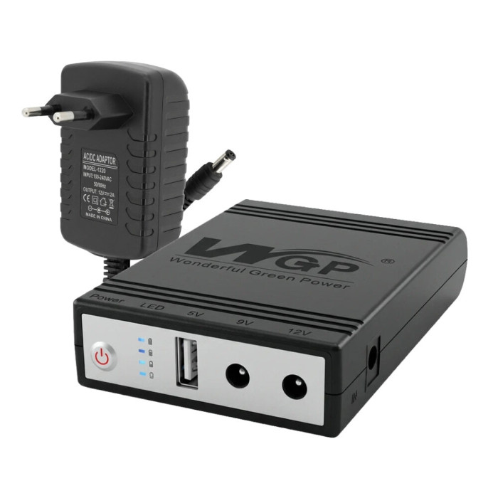 Комплект ДБЖ Mini UPS WGP UPS1032 5V/9V/12V 10400mAh BLACK + блок живлення 12В 2А (24Вт) SPF-1202B