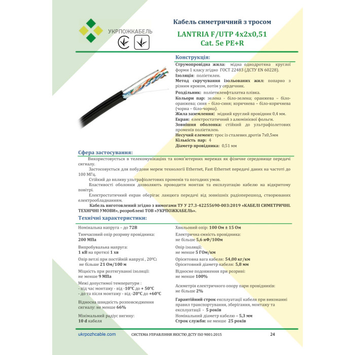 Мережевий кабель LANTRIA (Укрпожкабель) F/UTP 4x2x0,51 cat. 5Е  PE+R зовнішній з тросом