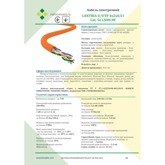 Мережевий кабель LANTRIA (Укрпожкабель) U/UTP 4x2x0,51 cat. 5Е  LSOH HF