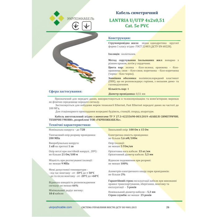 Мережевий кабель LANTRIA (Укрпожкабель) U/UTP 4x2x0,51 cat. 5Е  PVC внутрішній