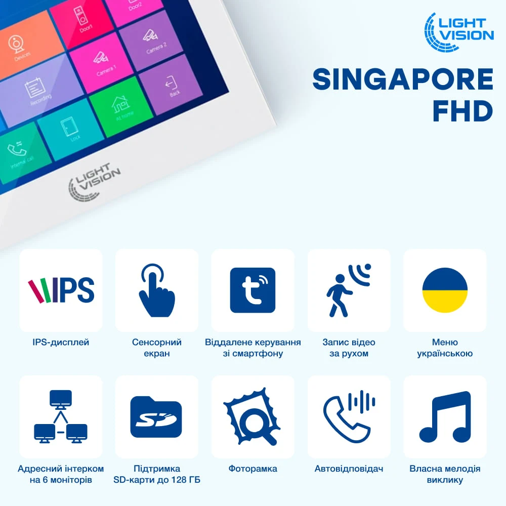 Відеодомофон Light Vision SINGAPORE WiFi FHD WHITE (AI) 10"