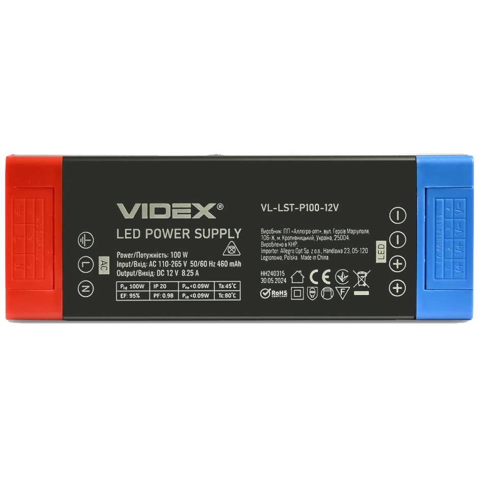 Блок живлення для LED стрічки VIDEX (VL-LST-P100-12V) DC12V 8.25A 100W IP20