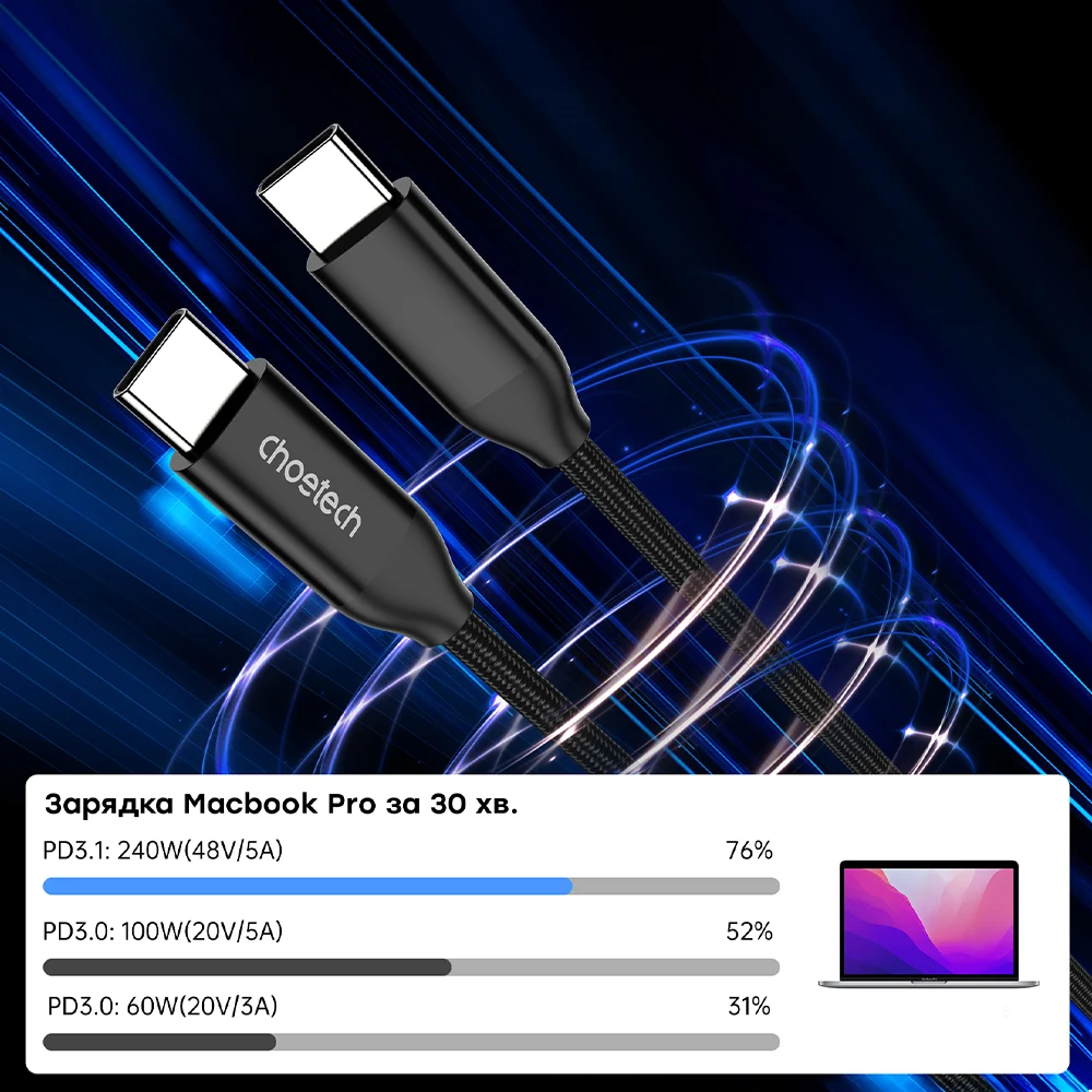 Кабель Choetech XCC-1036 2м Black USB-C to USB-C PD3.1