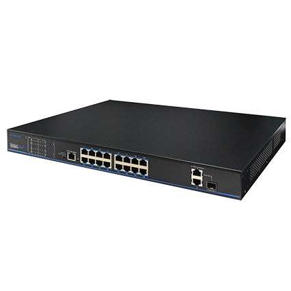 16 портів 10/100 Мбіт/с PoE+ 2 порти Gigabit RJ-45 (1 порт комбінований SFP)