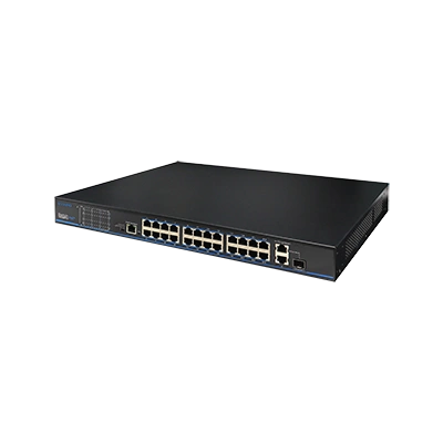 24 порти 10/100 Мбіт/с PoE+ 2 порти Gigabit RJ-45 (1 порт комбінований SFP)